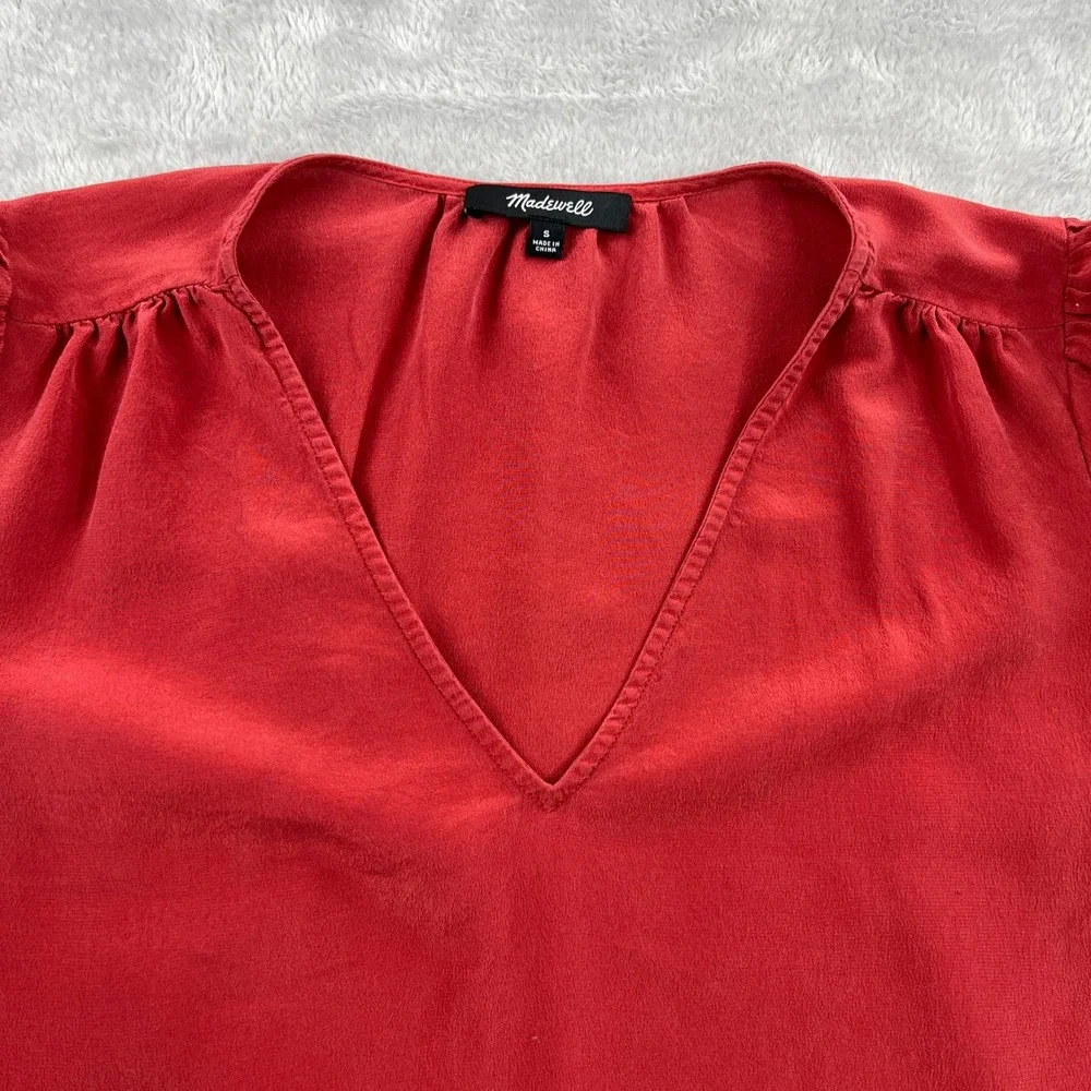 Madewell 100% Silk V-Neck Blouse S Red Women Cinched Puff Sleeve Tie Top